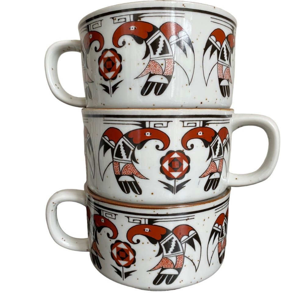 Vtg OMC Tiki Mid Mod Thunderbirds Otagiri Soup Stew Mugs Japanese Birds Aztec